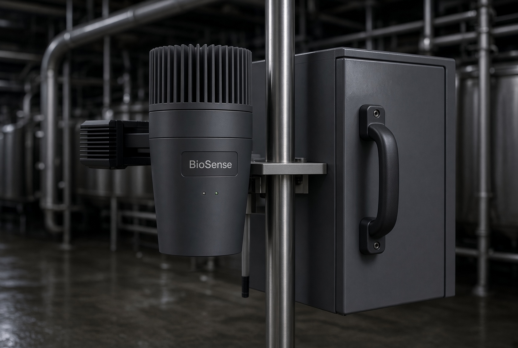 Stainless BioSense module pair on a parlor pole. Design study.